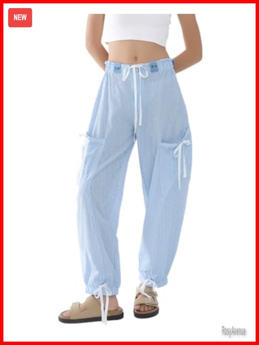 Wide Leg Striped Barrel Pants with Pockets, Drawstring Waist, Baggy Parachute